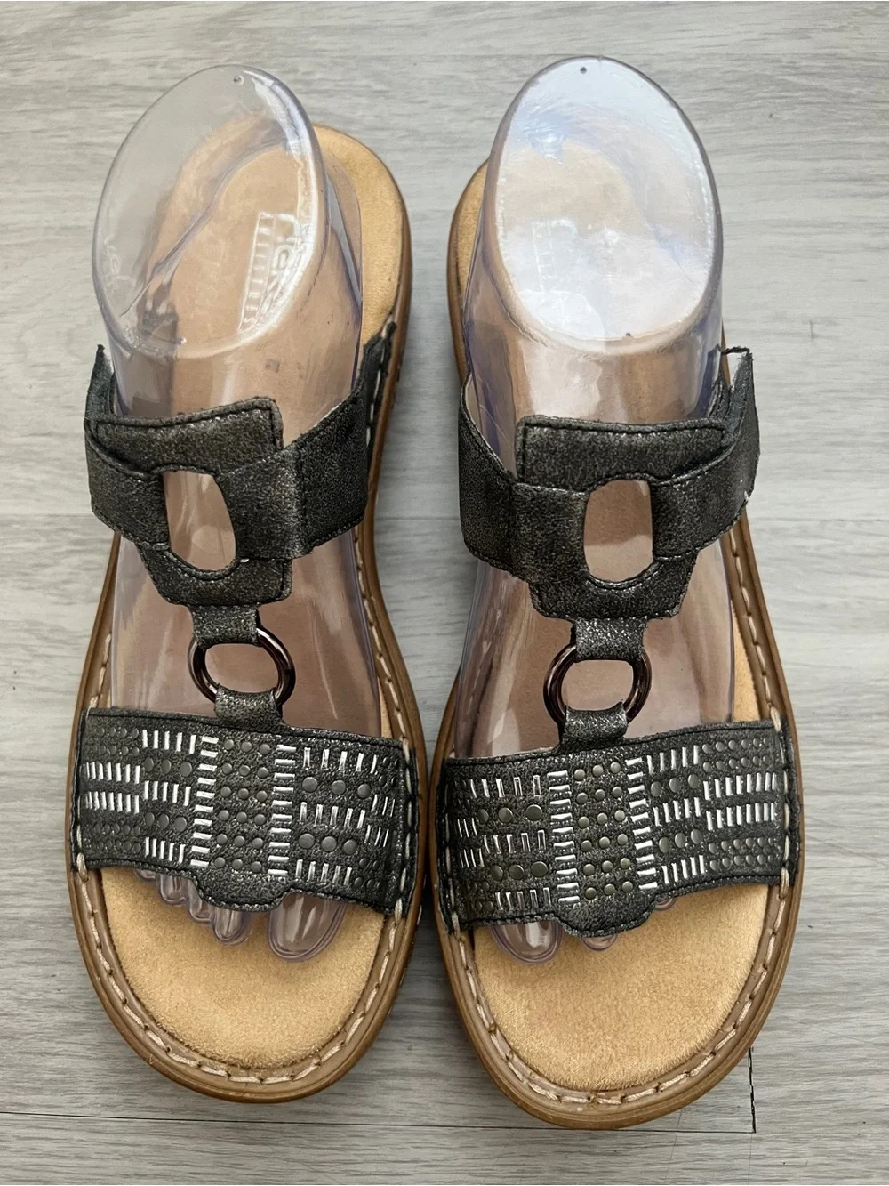 Rieker Metallic Black Textured Slide Sandals